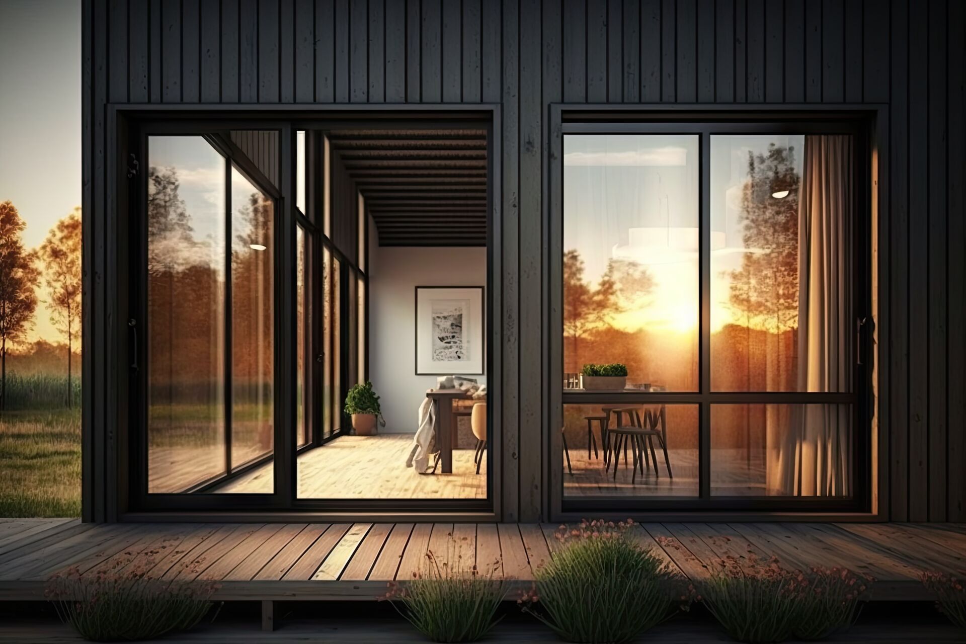 Eine moderne Fensterfront mit zwei großen Fenstern, von denen eines geöffnet ist, im Kontext von GZM Fensterbau