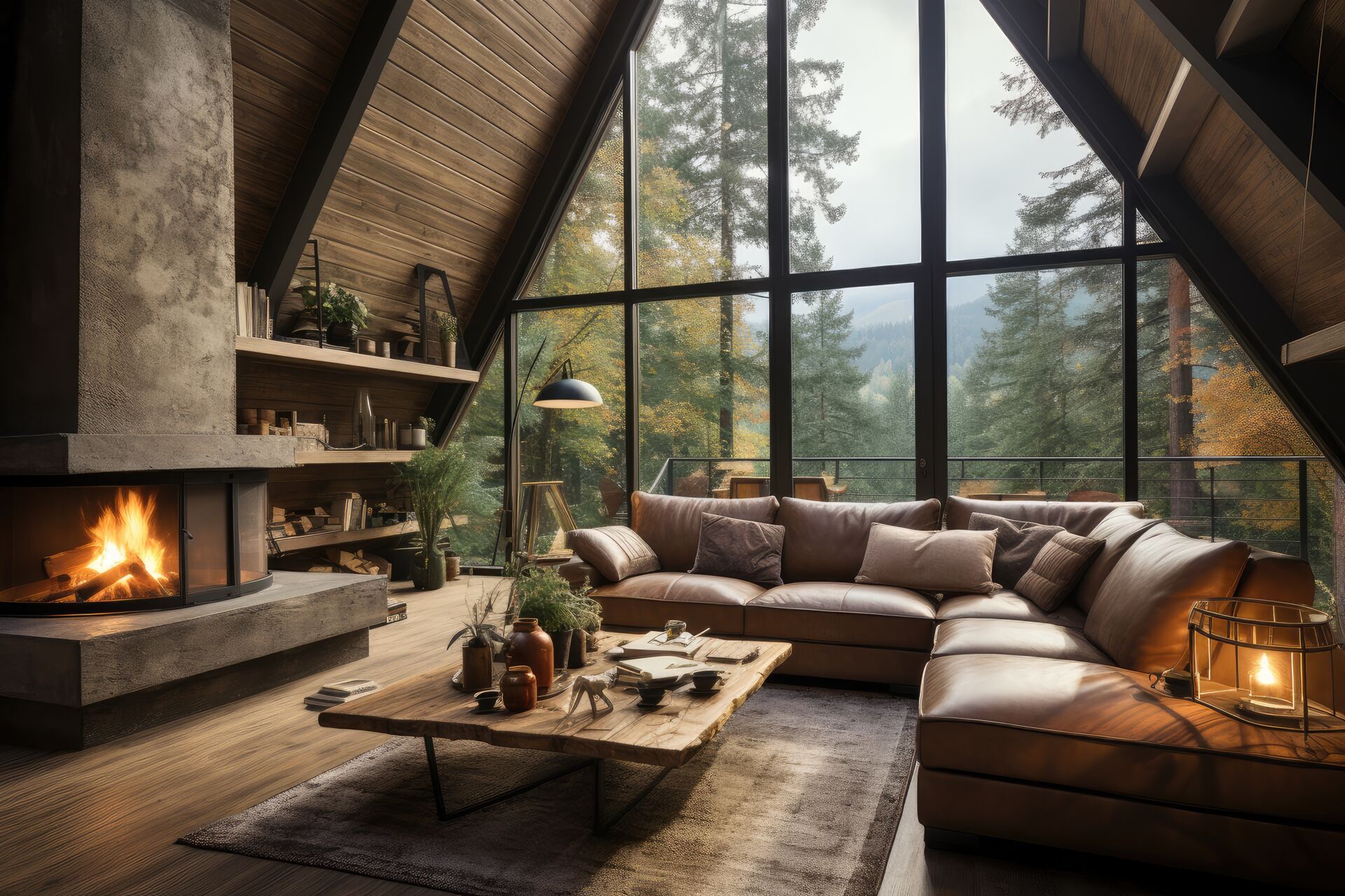 Ein Wohnzimmers mit hohen dreieckigen Fenstern, Holzbalken an der Decke und einem Kamin.